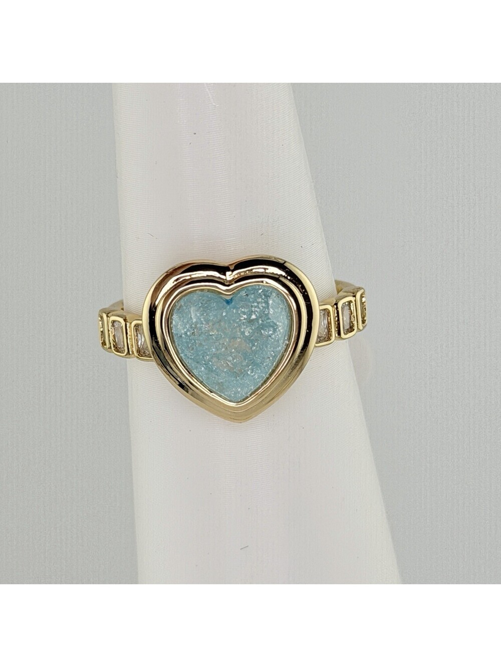 Bomb Party Bezel Ring Sz 10 "Slow Burn, Soft Shine" HEART Blue on Yellow Gold